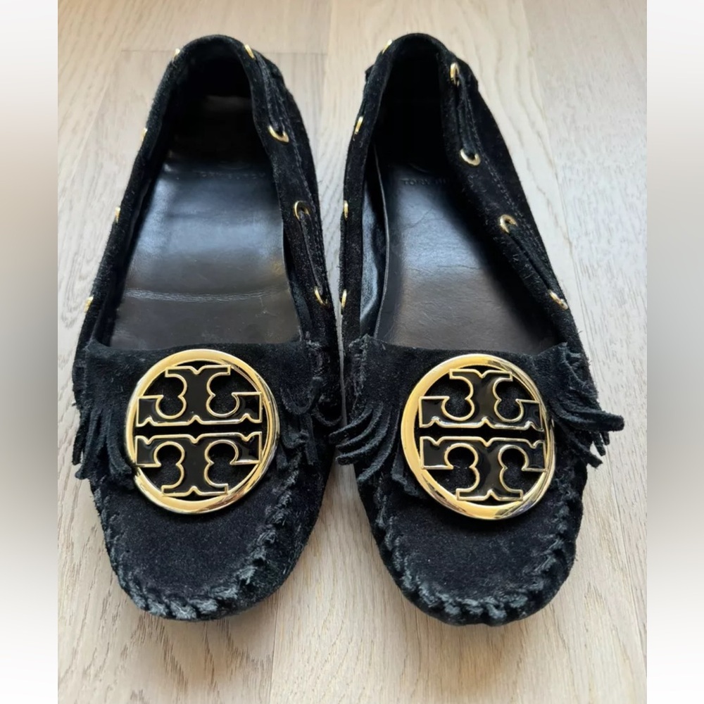 Tory Burch  Black Suede/Leather Gold Logo Slip-On Driving Moccasins Size 6m